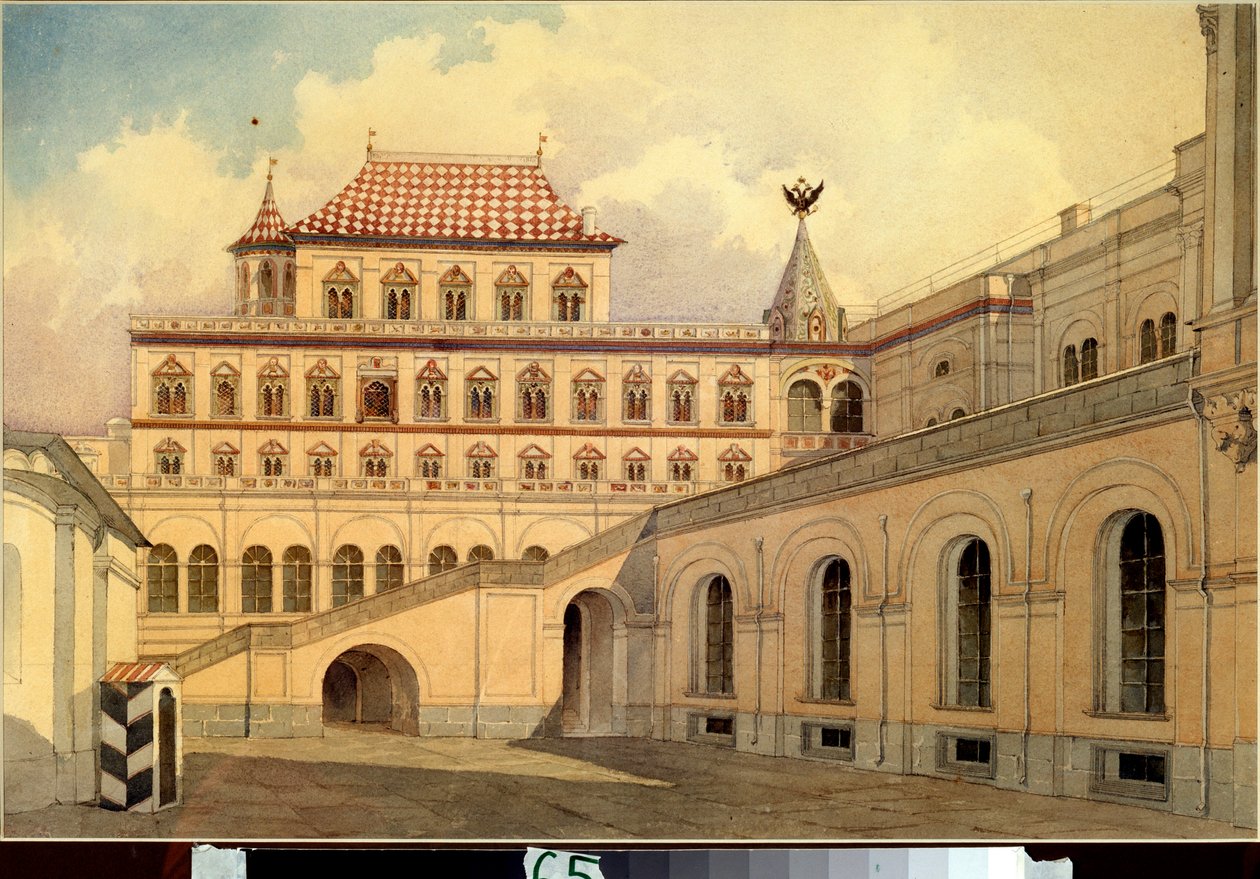 Teremin palatsi Moskovan Kremlissä - Teremin palatsi Moskovan Kremlissä - Karl Ivanovich Rabusin (1800-1857) teos, akvarelli paperille, noin 1830-1840 - Venäläinen taide tekijältä Karl Ivanovich Rabus
