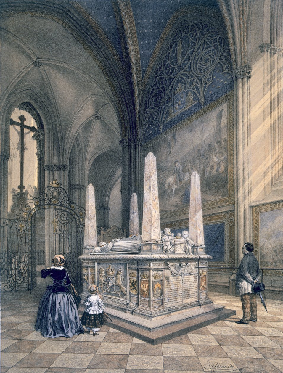 Kustaa I:n hauta Uppsalan tuomiokirkossa, teoksesta "Teckningar efter Naturen Sverige Interiuer och Exteriuer", julkaistu noin 1853-64. tekijältä Karl Johann Billmark