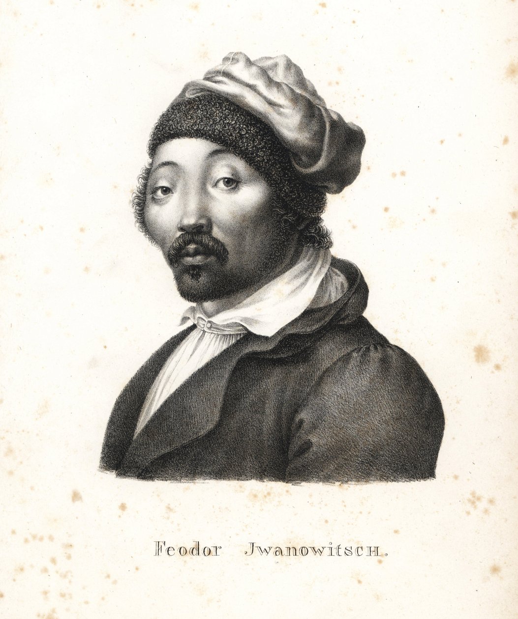 Feodor Jwanowitsch, venäläisten sieppaama kalmykipaimentolainen, josta tuli myöhemmin taidemaalari ja kuparikaivertaja. Karl Joseph Brodtmannin litografia Heinrich Rudolf Schinzin kuvitetusta ihmisten ja eläinten luonnonhistoriasta tekijältä Karl Joseph Brodtmann