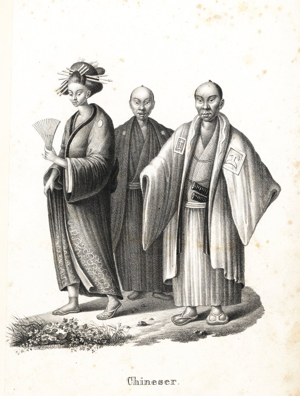 Japanilainen oiran ja samurai. Japanilainen kurtisaani kimonossa viuhka- ja hiuskoristeilla sekä kaksi chonmage-hiustyylistä japanilaista samuraita montsukilla hakaman päällä ja kaksi miekkaa (katana) vyössä. (Virheellisesti otsikko kiinaksi.) Litografia K tekijältä Karl Joseph Brodtmann