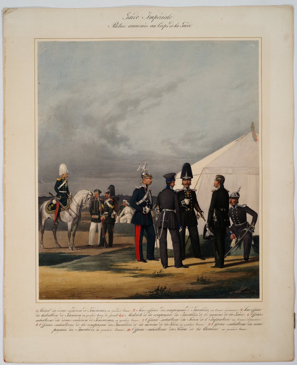 Keisarillinen vartija: pioneerit (sapparit), invalidit ja santarmit - Keisarillisen vartijajoukon pioneerit, invalidit ja santarmit - Piratsky, Karl Karlovich (1813-1889) - 1867 - Värilitografia - 56x45 - Yksityiskokoelma tekijältä Karl Karlovich Piratsky