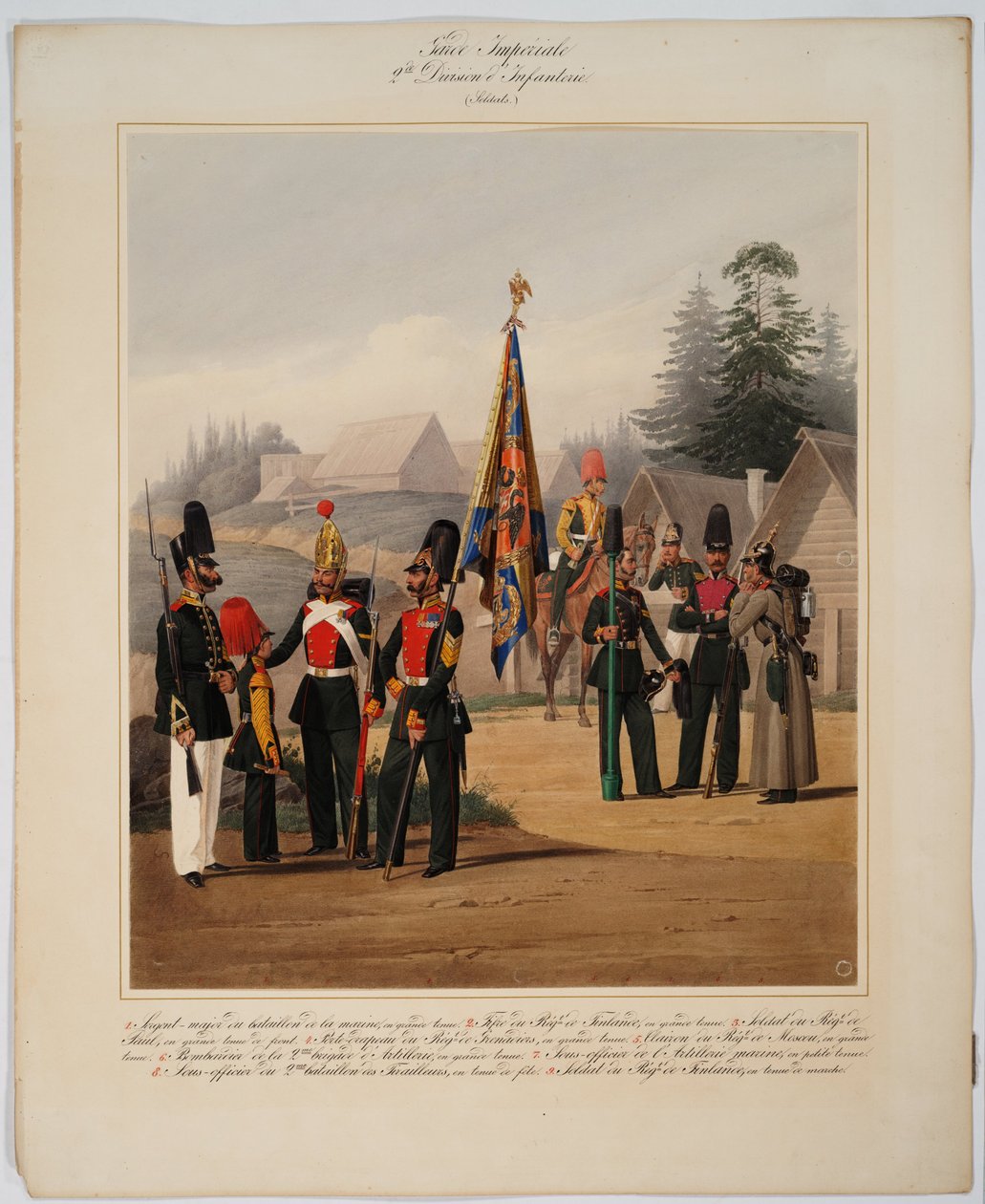 Venäjän keisarillisen kaartin 2. kaartin jalkaväedivisioonan sotilaat, 1867 tekijältä Karl Karlovich Piratsky