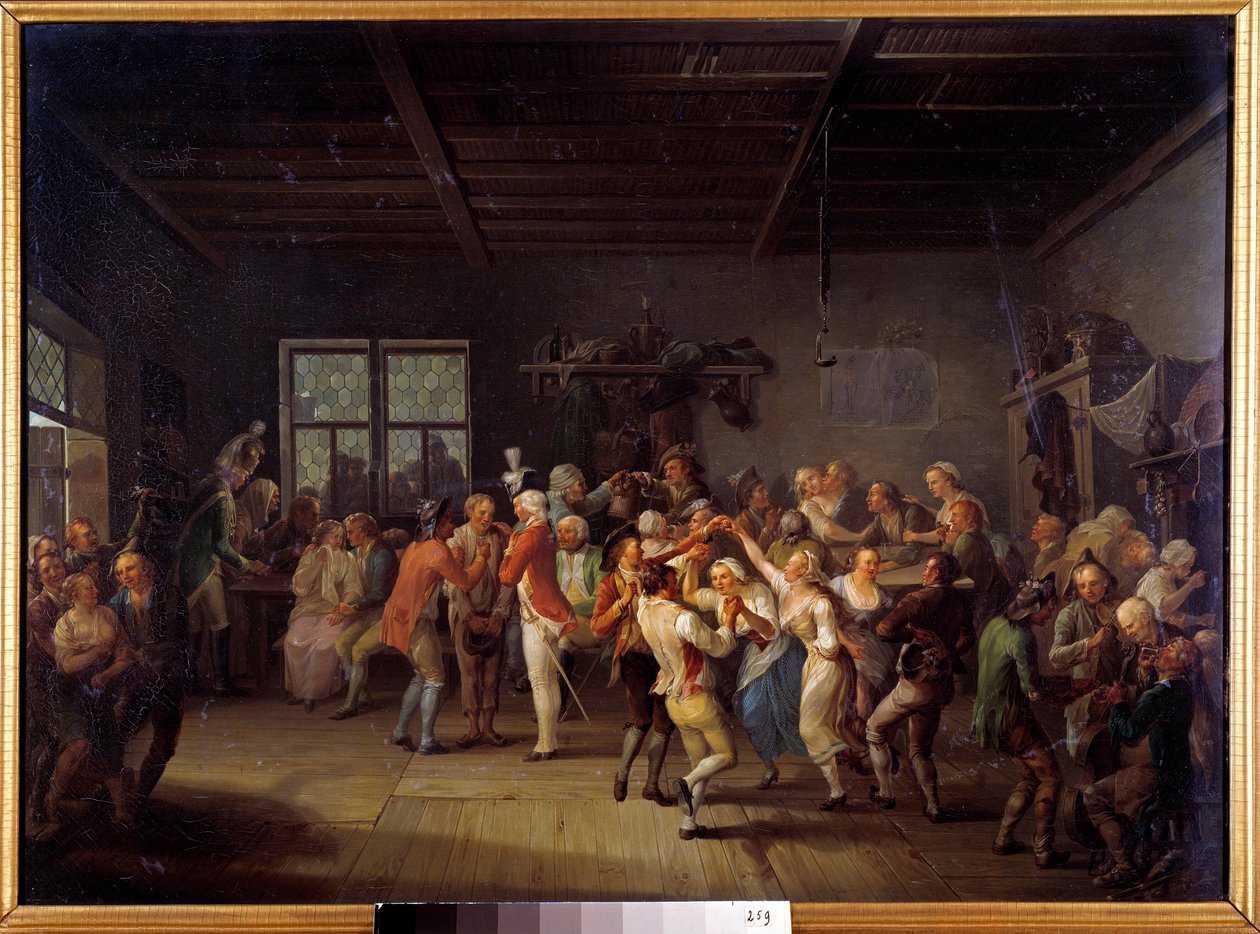 Rekrytointi 1700-luvun Inn Officers -tanssitakkiin. Karl Pitzin (1756-1795) maalaus tekijältä Karl Kaspar Pitz