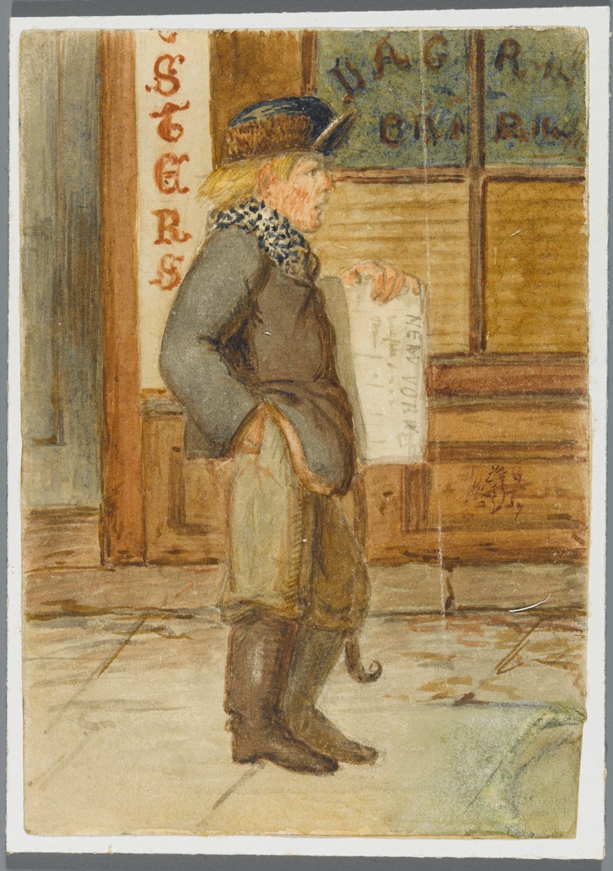 Sanomalehtipoika, 1864 (wc mustan median alipiirroksen päällä) tekijältä Karl L.H. Mueller