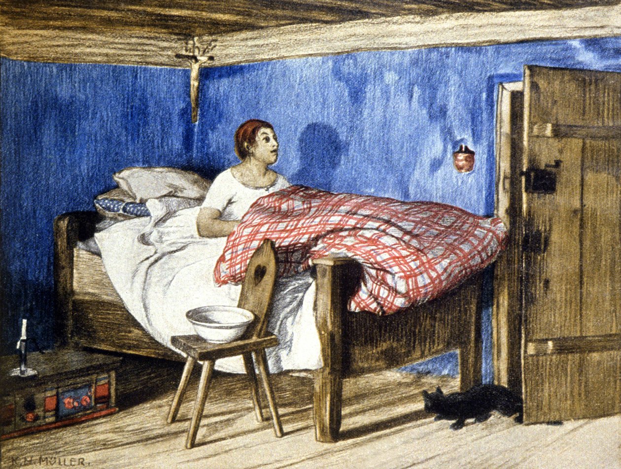 Kissa vierailee naisen luona hänen makuuhuoneessa, 1900-luvun alku (kuva) tekijältä Karl L. H. Müller