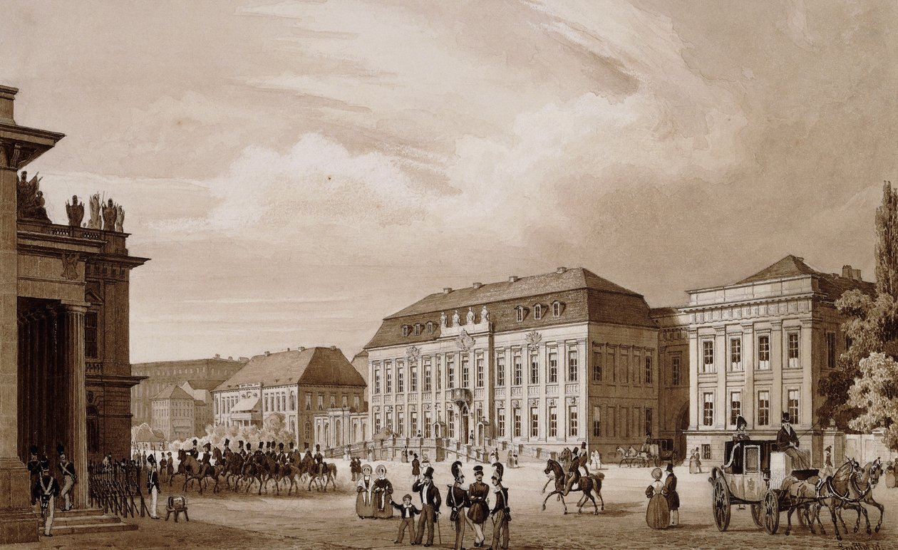 Unter den Linden, Berliini. Näkymä Neue Wachesta kohti Kronprinzenpalaisia, Prinzessinenpalais oikealla ja Kommandatur vasemmalla, tekijältä Karl Loeillot Hartwig