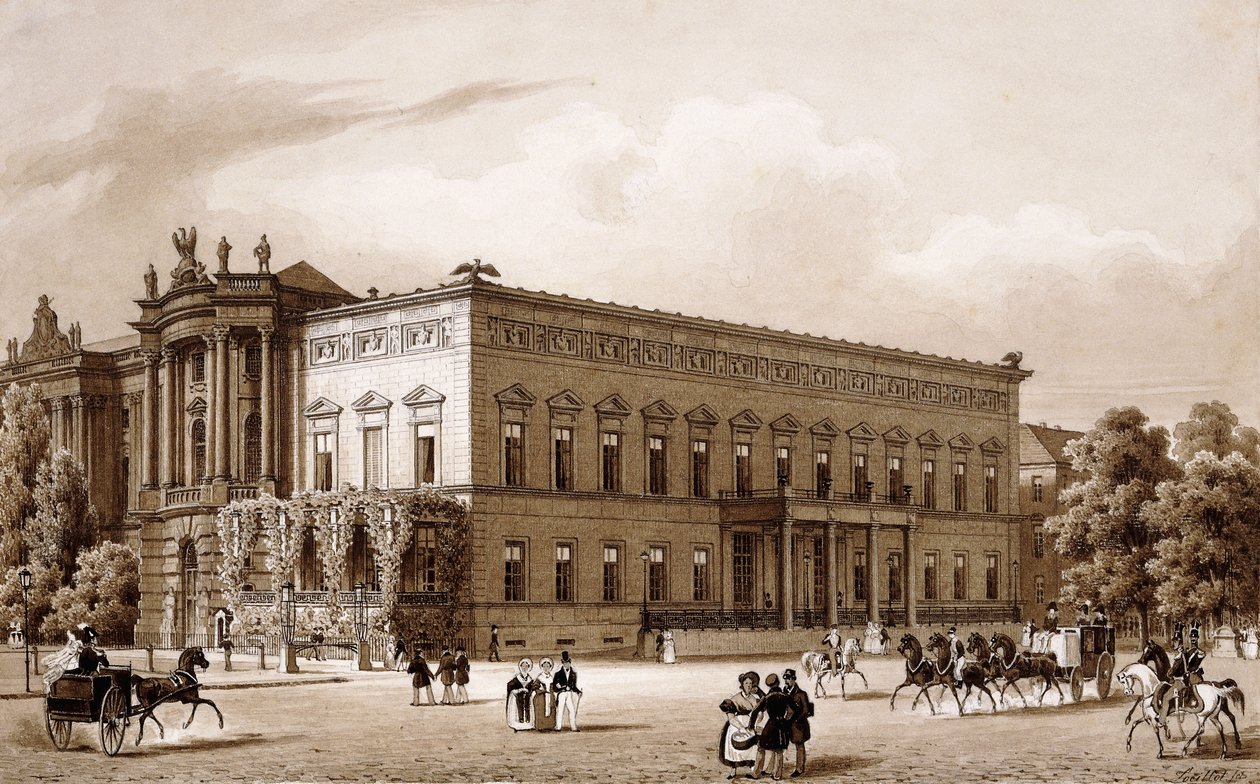 Unter den Linden, Berliini. Prinssi Wilhelmin palatsi, jonka Karl Langhans rakensi 1834-36, ja Kuninkaallinen kirjasto, jonka Georg Christian Unger rakensi 1775-78 Josef Emanuel Fischer von Erlachin suunnitelmien mukaan, näkymät Platz am Opernhausille, tekijältä Karl Loeillot Hartwig