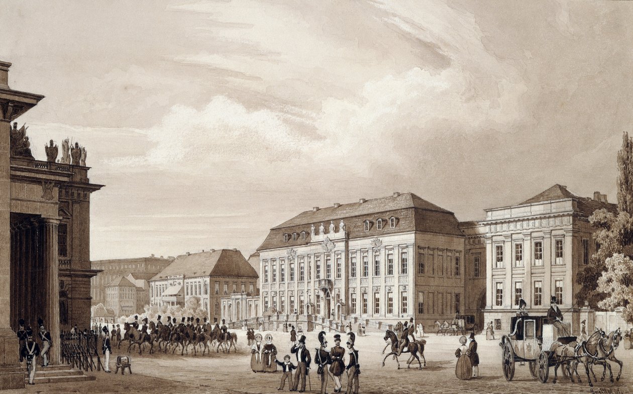 Unter Den Linden, Berliini, n. 1840 (akvarelli) tekijältä Karl Loeillot de Mars
