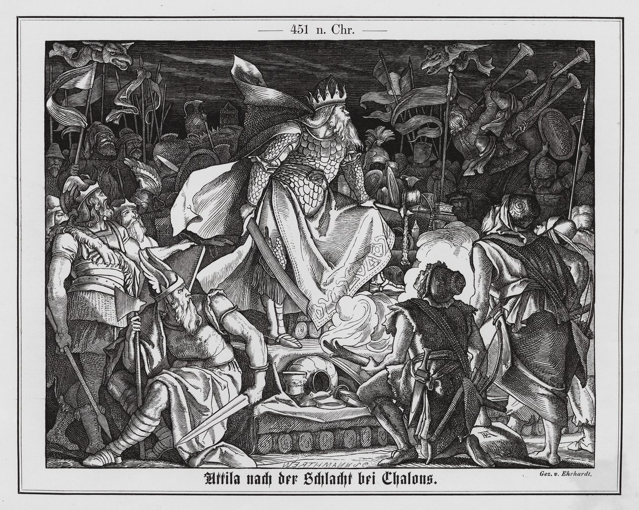 Attila Hunni Chalonsin taistelun jälkeen, 451 (kaiverrus). tekijältä Karl Ludwig Adolf Ehrhardt
