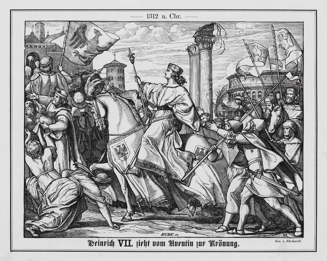 Saksan kuningas Henrik VII matkalla kohti kruunajaisiaan Pyhän saksalais-roomalaisen keisarin virkaan. tekijältä Karl Ludwig Adolf Ehrhardt
