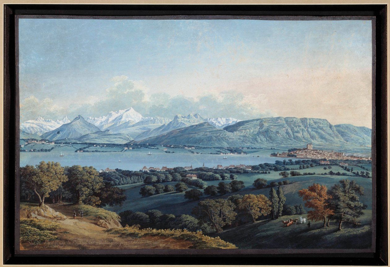 Näkymä Genevestä Leman-järvellä ja Mont Blancin akvarellilla, Karl Hackert (1740-1800) 1800-luvun yksityinen kokoelma tekijältä Karl Ludwig Hackert