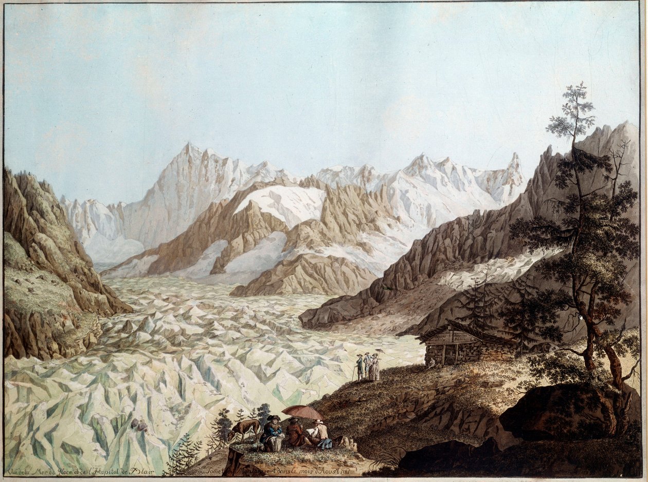 Näkymä Mount Avertin jäämerelle lähellä Chamonixia Alpeilla. Kuvitus: Karl Hackert (1740-1800) (ec.all.) 1781 Frankfurt. Stadelsches Kunstinstitut tekijältä Karl Ludwig Hackert