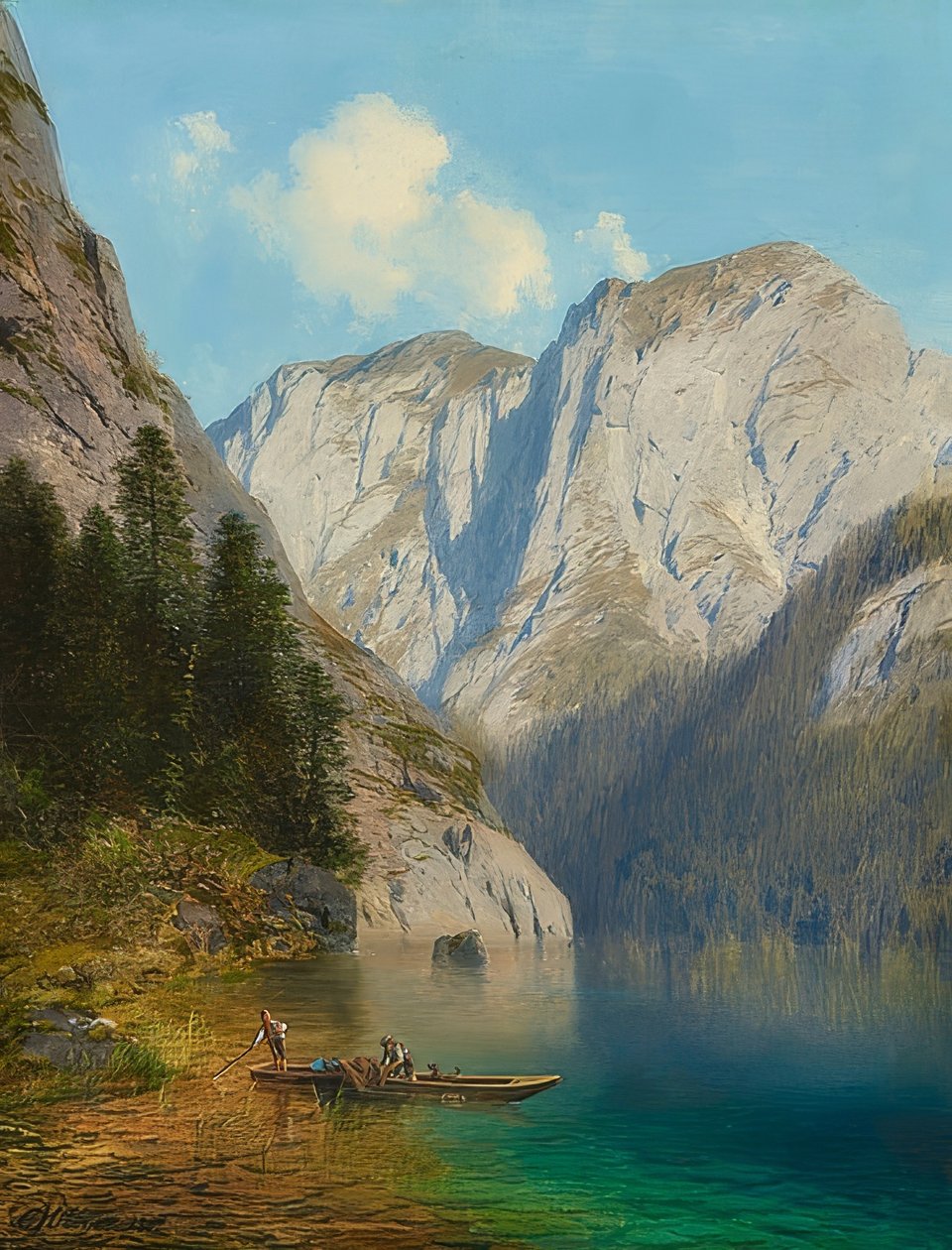 Kalastajat veneessä vuoristojärven rannalla. 1882 tekijältä Karl Millner
