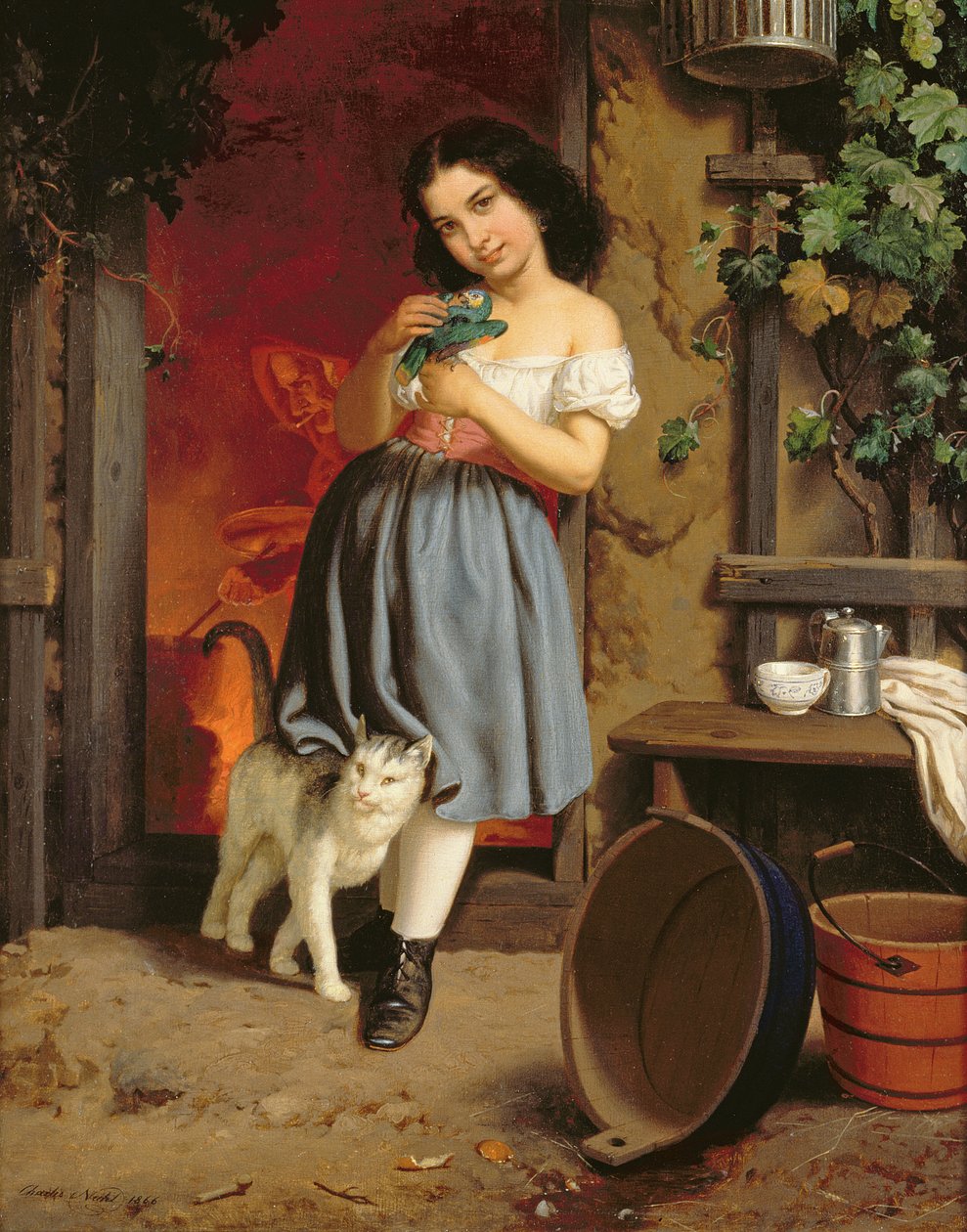 Nuori tyttö ja kissa, 1866 öljy kankaalle tekijältä Karl Nahl