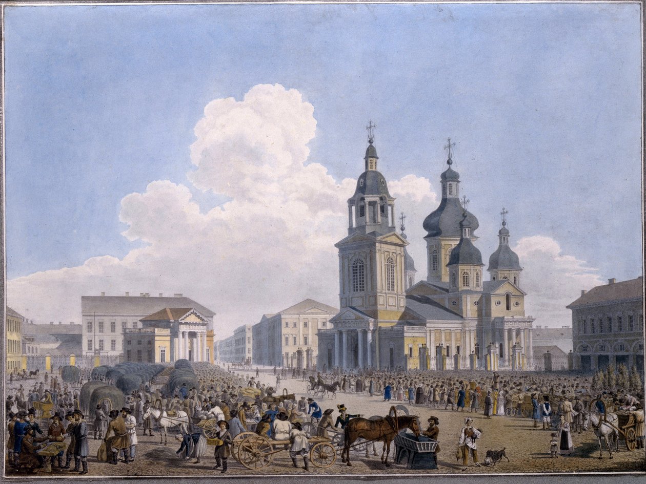 Heinätori ja Neitsyt Marian neitsytkirkko Pietarissa - Karl Petrovich Beggrovin (1799-1875) teos, akvarelli paperille (10,3x15 ,1 cm), 1820-1830 - valtion Venäjä tekijältä Karl Pavlovich Beggrov