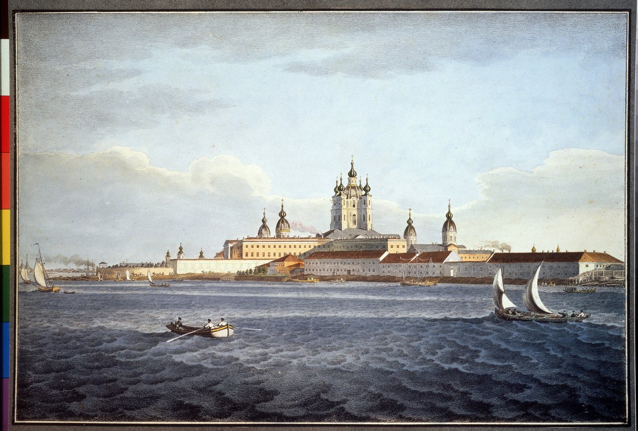 Smolnyn luostari Pietarissa (Smolnyn luostari Pietarissa). Piirustus Karl Petrovich Beggrov (1799-1875). Akvarelli paperille tekijältä Karl Pavlovich Beggrov