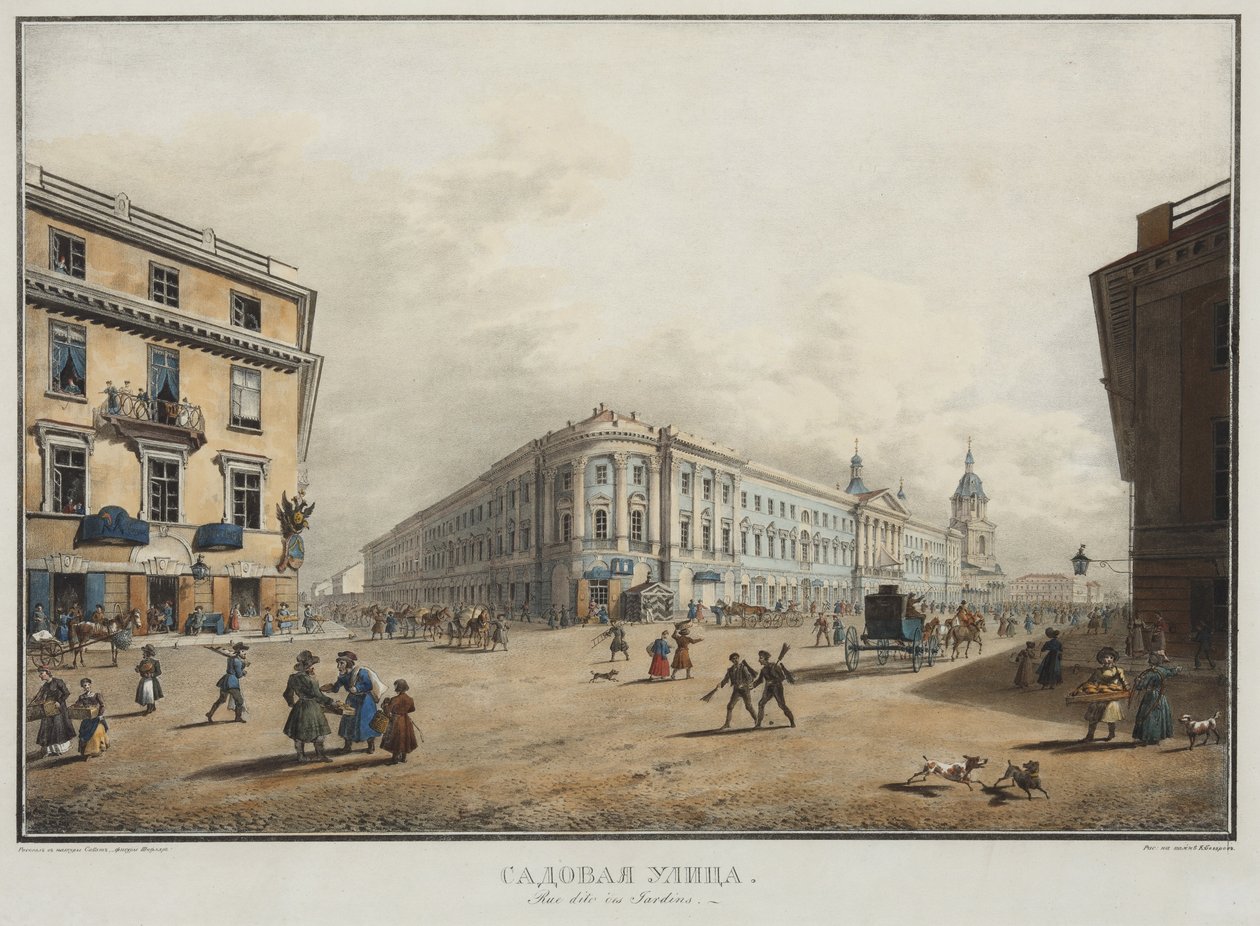 Näkymä Sadovaya-kadulle Pietarissa - Karl Petrovich Beggrov (1799-1875). Litografia, akvarelli tekijältä Karl Pavlovich Beggrov