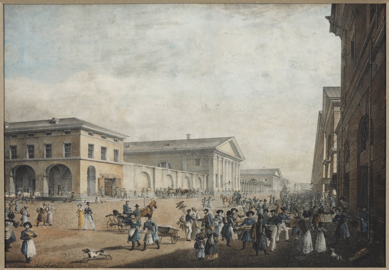 Näkymä Sadovaya-kadulle Pietarissa - Karl Petrovich Beggrov (1799-1875). Litografia, akvarelli tekijältä Karl Pavlovich Beggrov
