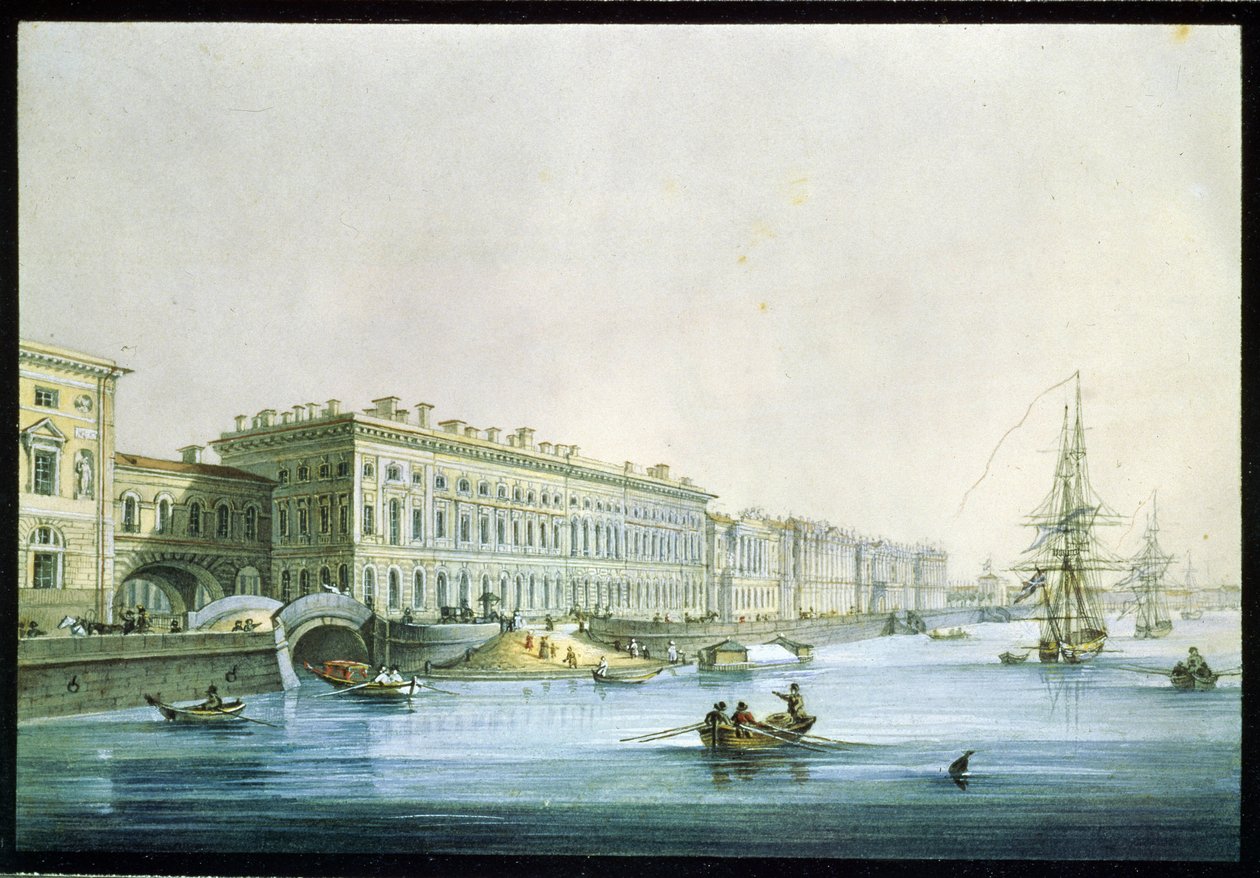 Näkymä Pietarin palatsin rantakadulle. Karl Petrovich Beggrovin (1799-1875) maalaus. Akvarelli ja tussi paperille, noin 1830, 1800-luvun venäläinen taide, klassismi. Venäjän valtionmuseo, Saint Pet tekijältä Karl Pavlovich Beggrov