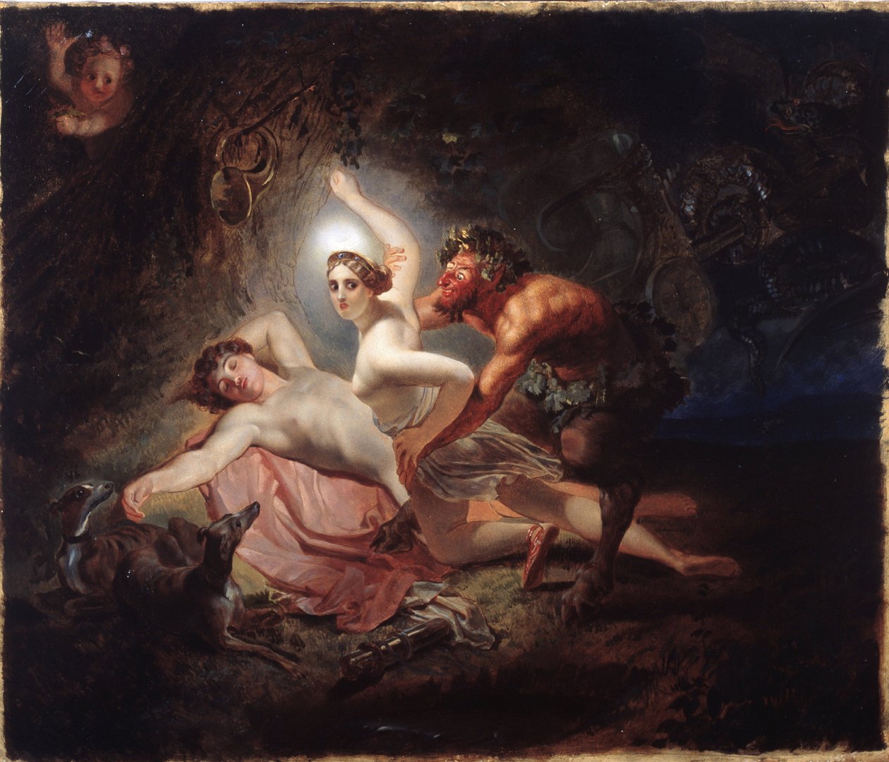 Diana, Endymion ja Satyr (Diana, Endymion ja Satyr) - Karl Pavlovich Briullovin (Briullov) (1799-1852) maalaus, öljy pahville tekijältä Karl Pavlovich Bryullov