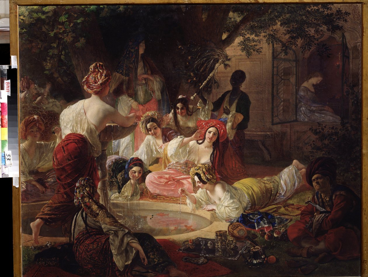 Bahcesarayn (Turkki) suihkulähde (Bahcesarayn suihkulähde). Naiset haaremissa leikkimässä vedellä kultakalalammessa olevasta suihkulähteestä. Karl Pavlovich Briullov (Briullov) (1799-1852) maalaus. Öljy kankaalle tekijältä Karl Pavlovich Bryullov