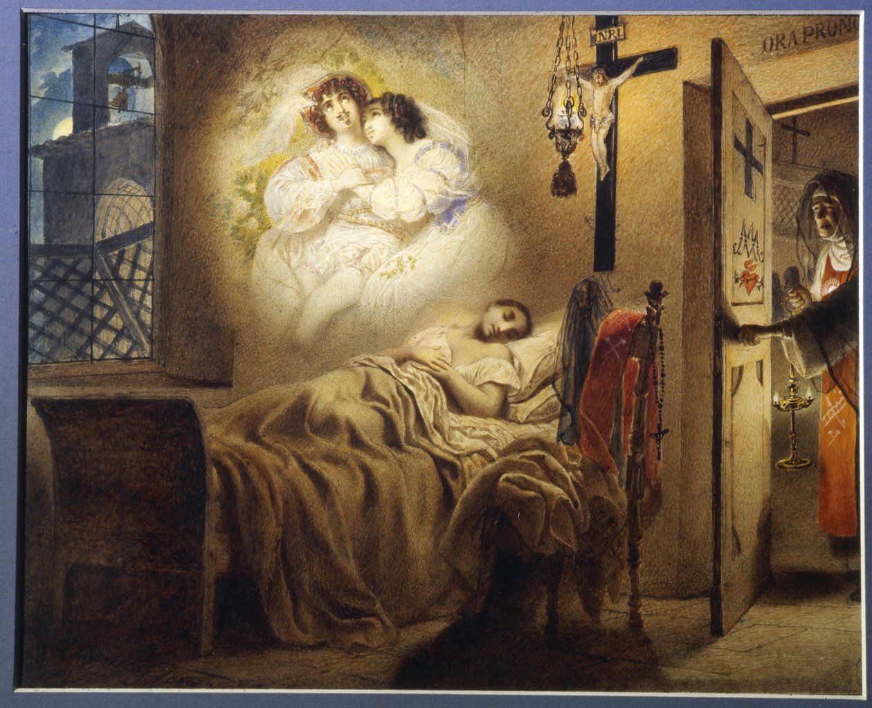 Nunnan painajainen (Nightmare of a nun). Nuori nukkuva nunna haaveilee rakkaussuhteesta, kun taas äiti-esimies avaa sellin oven. Karl Pavlovich Briullov (Briullov) (1799-1852) työ, akvarelli pahville tekijältä Karl Pavlovich Bryullov