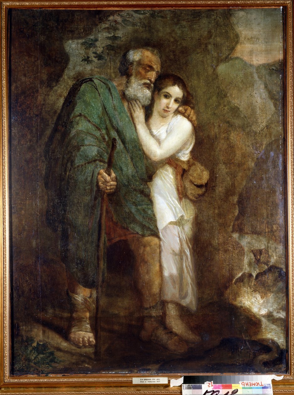 ""Oidipus ja Antigone"" Nuori tyttö auttaa vanhaa sokeaa isäänsä kävelemään. Karl Pavlovich Briullov (Bryullov) (1799-1852) maalaus 1821 Valtion taidemuseo, Tjumen tekijältä Karl Pavlovich Bryullov
