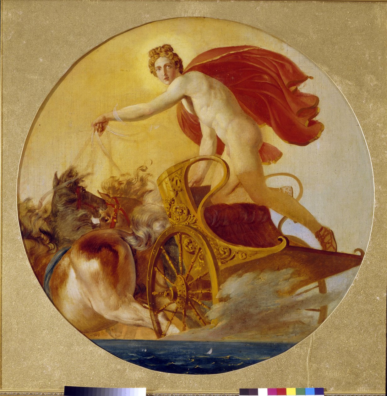 Phoebus ajaa auringon vaunuja (Phoebus Driving the Horses Of The Sun). Karl Pavlovich Briullov (Bryullov) (1499-1852) maalaus, öljy kankaalle. 1800-luvun venäläinen taide, romantiikka. Venäjän valtionmuseo, Pietari. tekijältä Karl Pavlovich Bryullov