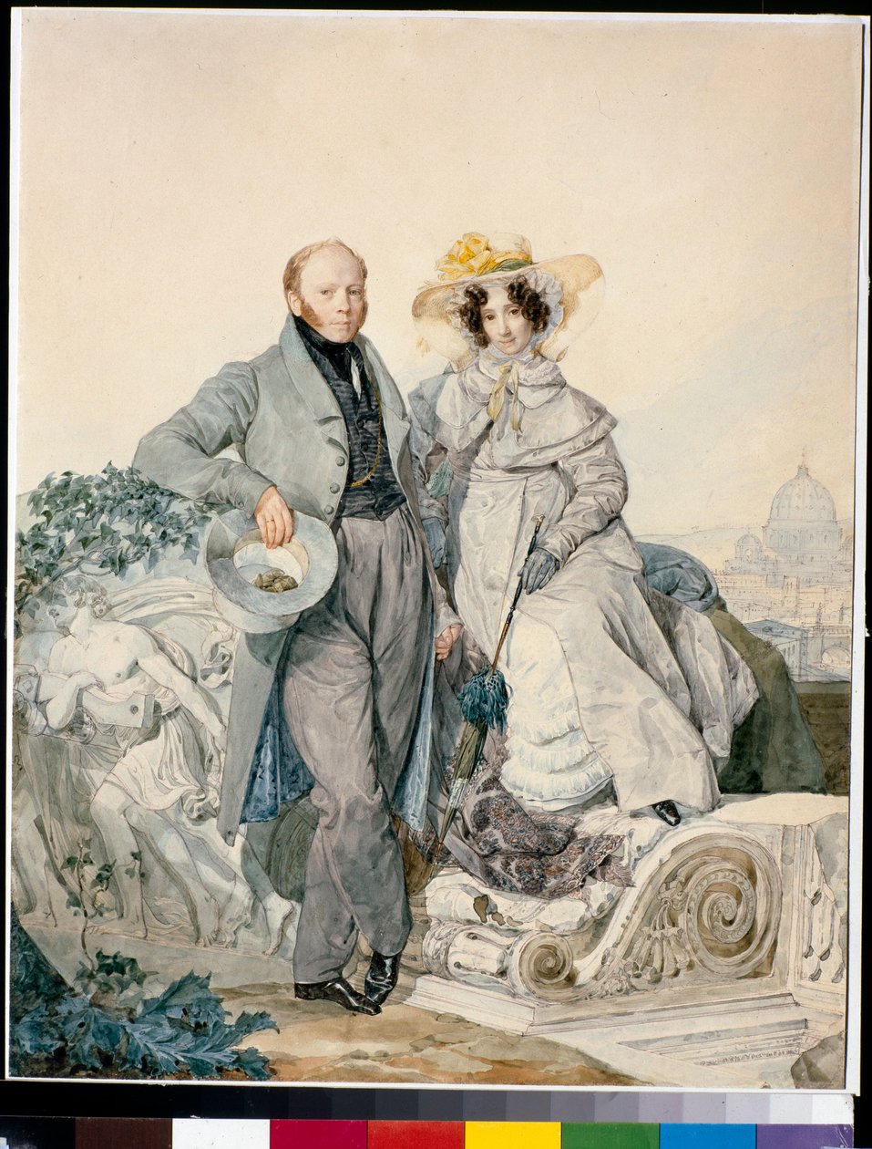 Muotokuva Grigori Nikanorovitšista ja Varvara Aleksejevna Oleninista - Akvarelli pahville: Karl Pavlovich Briullov (Briullov) (1799-1852) tekijältä Karl Pavlovich Bryullov
