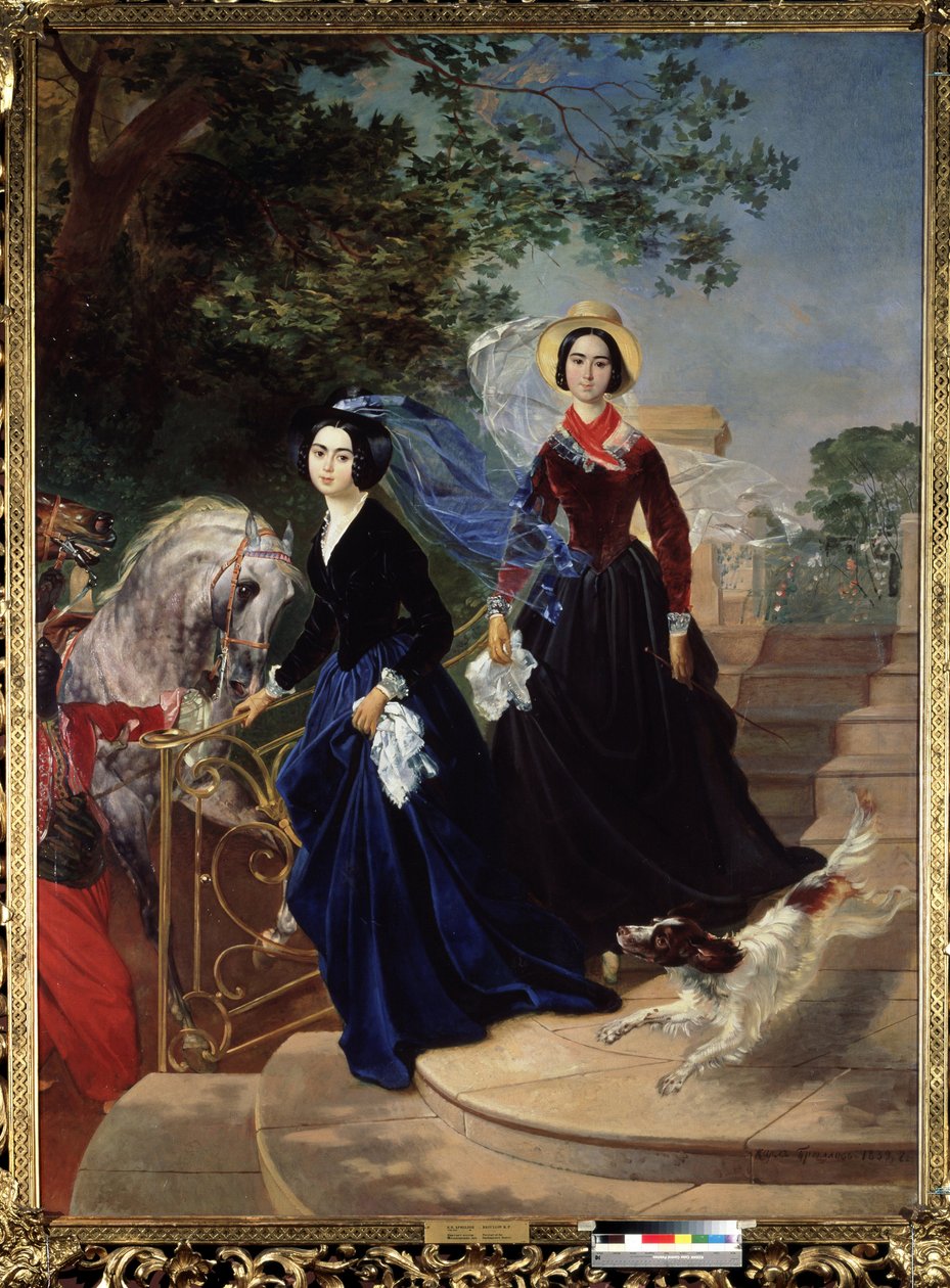 ""Sisarten Olga ja Alexandra Shishmariovin muotokuva"" Venäjän korkean yhteiskunnan nuoret naiset. Karl Briullov (Bryullov) (1799-1852) maalaus 1839 Pietarin valtion venäläinen museo tekijältä Karl Pavlovich Bryullov