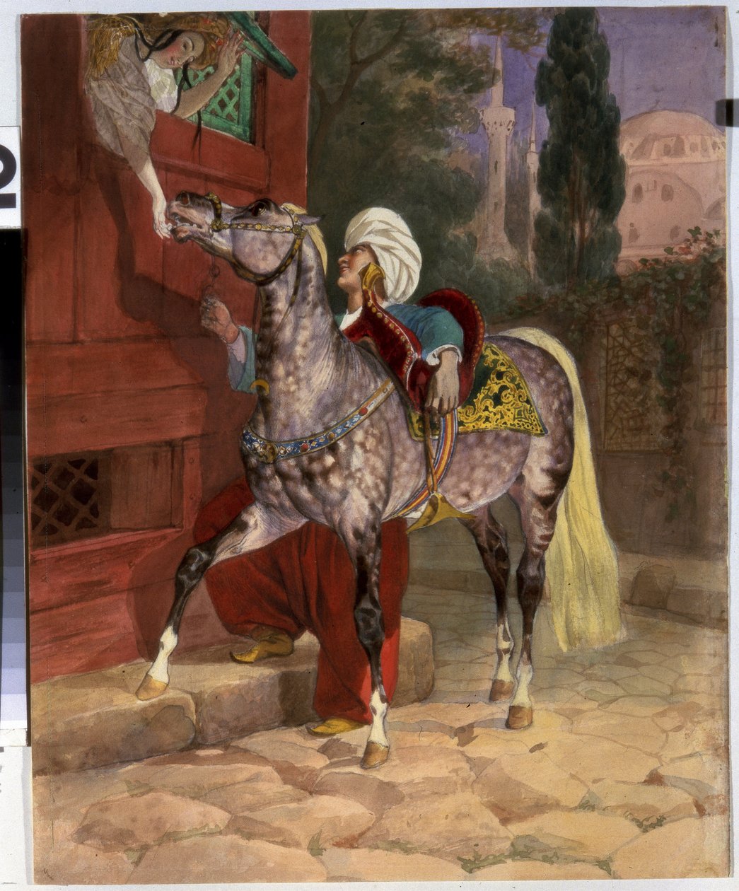 Tapaaminen Konstantinopolissa (nykyisin Istanbul, Turkki). Turbaanissa pukeutunut nuori mies houkuttelee nuoren tytön, joka kumartuu ikkunasta tarjotakseen sokeria hevoselleen. Taustalla basilika ja Pyhän Sofian moskeija. Taidetta Karl Pavlovich tekijältä Karl Pavlovich Bryullov