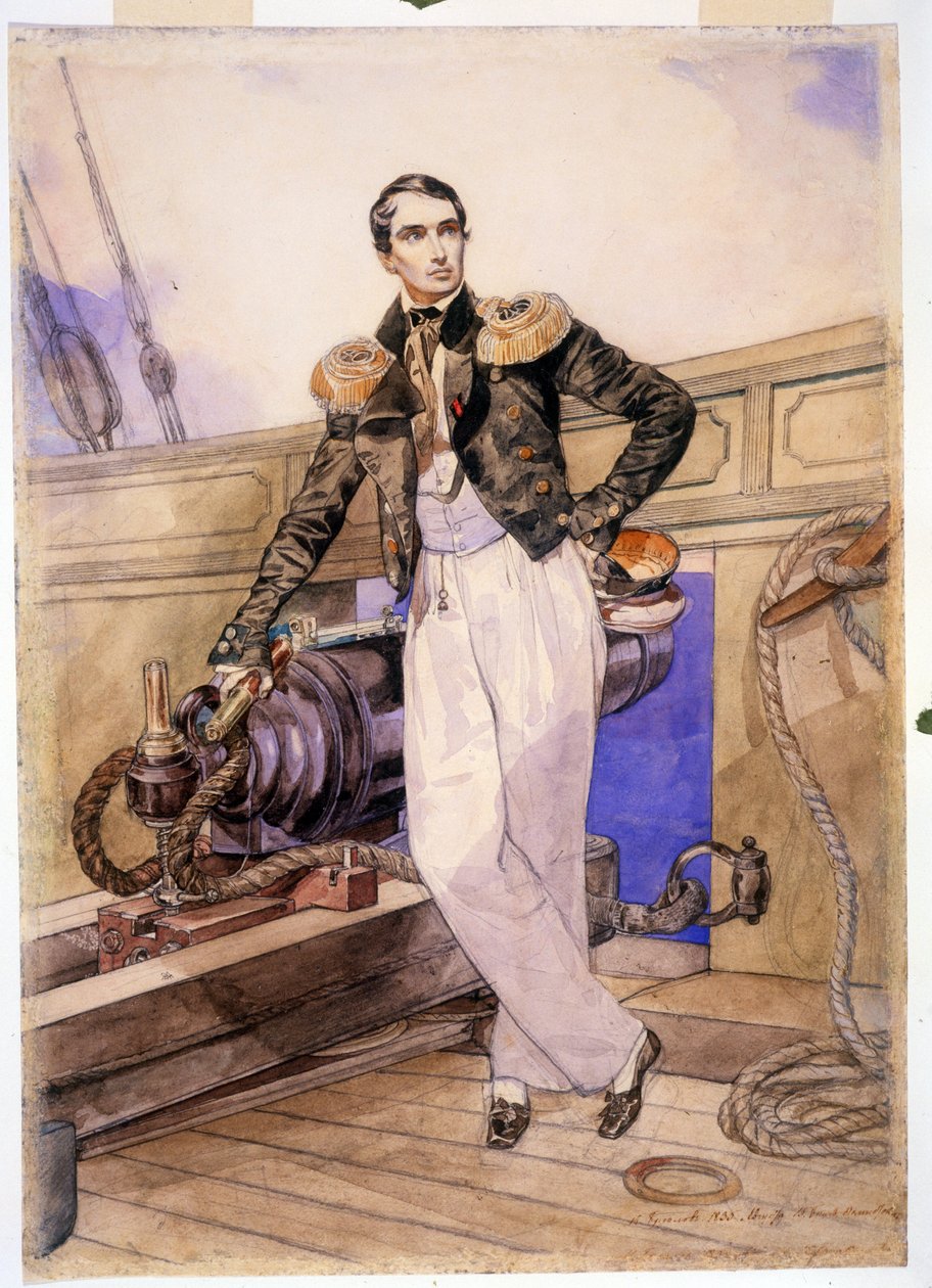 Vladimir Aleksejevitš Kornilov 1806-1854) Themistokleen laivalla. (Vladimir Aleksejevitš Kornilov Themistokleen laivalla). Merivoimien upseeri ja Mustanmeren laivaston esikuntapäällikkö, Krimin sodan sankari (1853-1856), seisoo tekijältä Karl Pavlovich Bryullov
