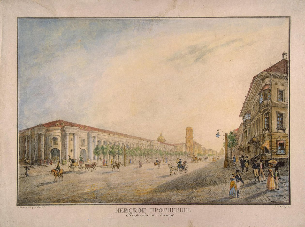 Näkymä Nevski Prospektille lähellä Gostiny Dvoria Pietarissa, 1823 tekijältä Karl Petrovich Beggrov