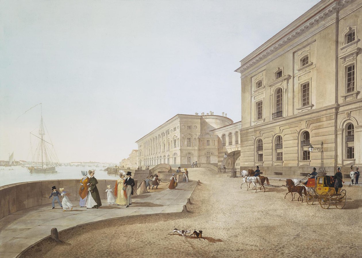 Näkymä Nevan rantakadulle Vanhan Eremitaasin luona, 1824 tekijältä Karl Petrovich Beggrov