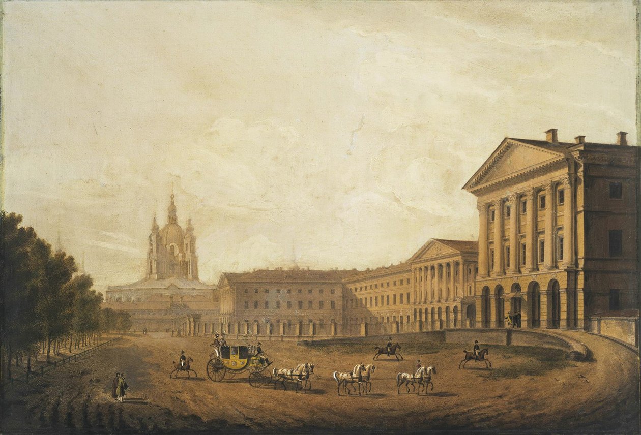 Näkymä Pietarin Smolnyn aatelisneitojen instituutista, 1820-luvun puoliväli tekijältä Karl Petrovich Beggrov