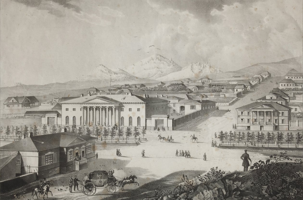Näkymä hotellille ja Pyatigorskin keskustaan, 1800-luvun puoliväli tekijältä Karl Petrovich Beggrov