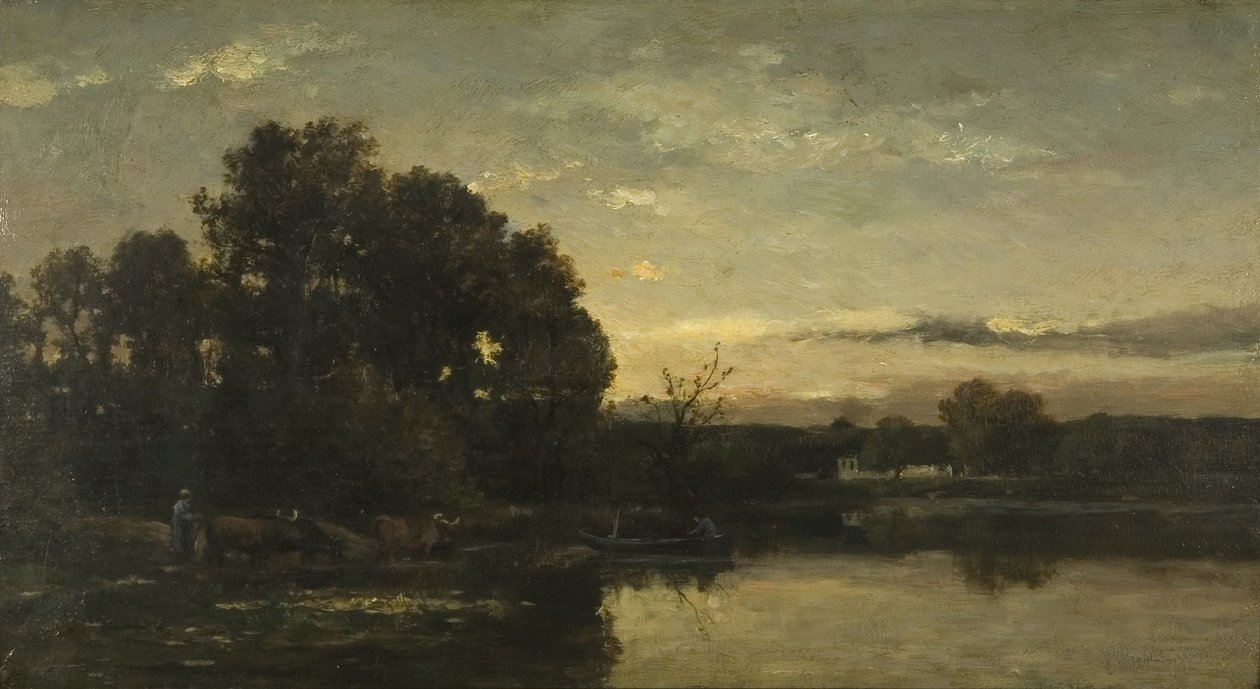 Jokimaisema, n. 1880 (öljy paneelille) tekijältä Karl Pierre Daubigny