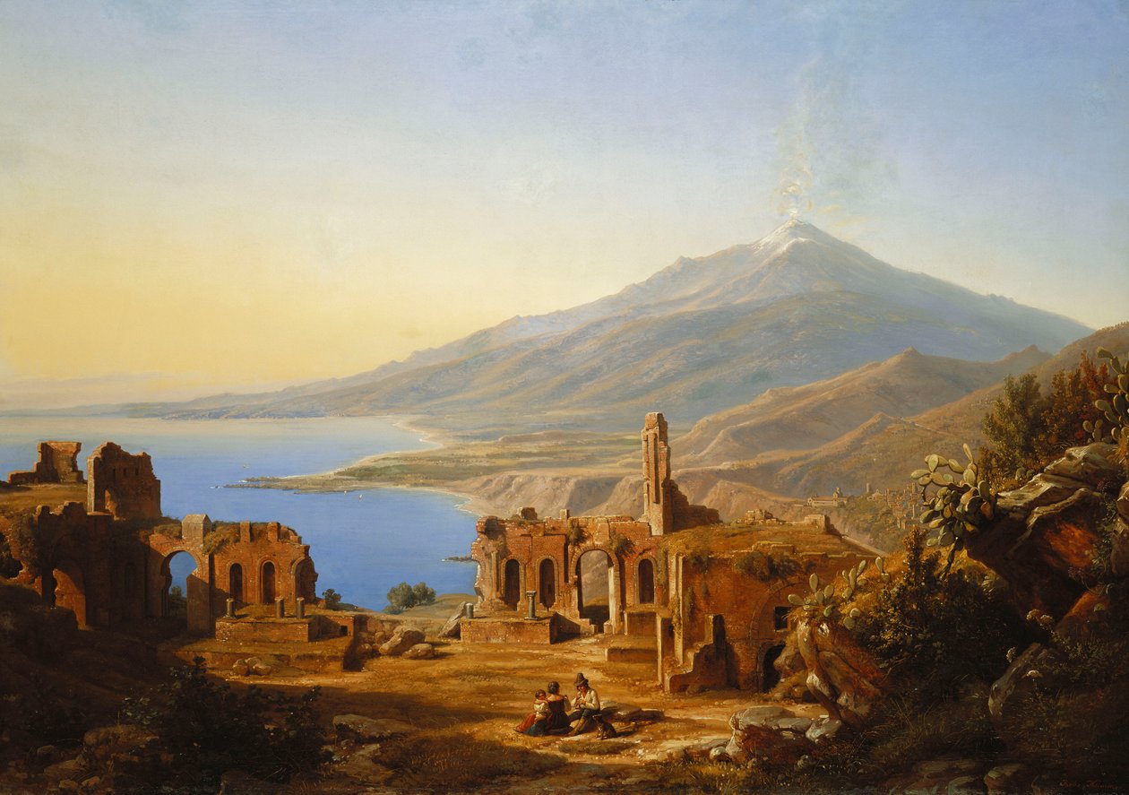 Kreikkalainen teatteri, Taormina, Etna takana, 1852 tekijältä Karl Robert Kummer