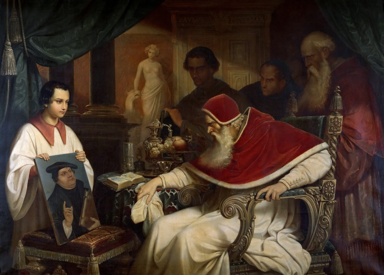 Paavi Paavali III 1468-1549 katsomassa Cranachin muotokuvaa Lutherista, 1838-1839. tekijältä Karl Schorn