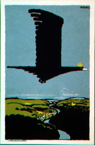 Postikortti "The Baths and the War" -esitteen kannen jälkeen, "Das Plakat" -kokoelmasta, saksalaisen julistetaiteen kokoelmasta tekijältä Karl Schulpig