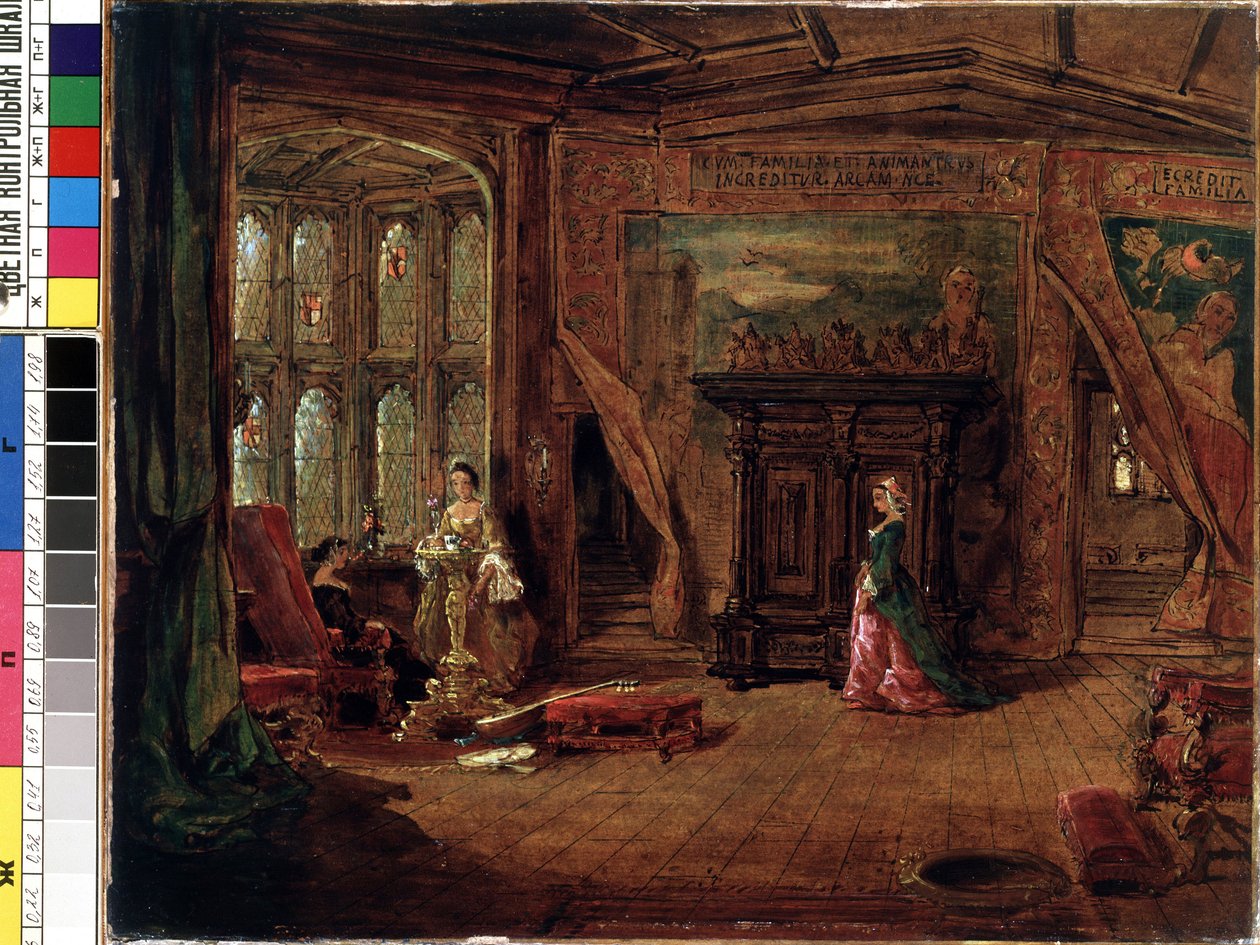 Sisätilojen kohtaus. Karl Zimmermannin (1796-1820) maalaus. Öljy kankaalle, 37,7 x 56 cm. 1800-luvun saksalaista taidetta. Valtion M.K. Ciurlionisin taidemuseo, Kaunas (Liettua). tekijältä Karl Zimmermann