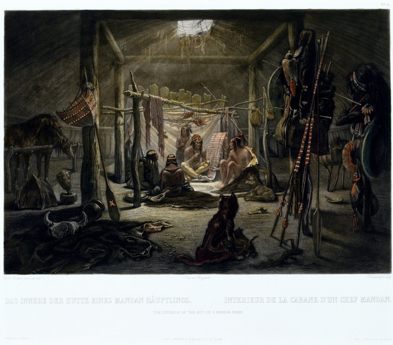 Mandanipäällikön majan sisustus, kaiverrus Narcisse Edmond Desmadryl (s.1801) n. 1835 (kaiverrus akvatintalla) tekijältä Karl after Bodmer