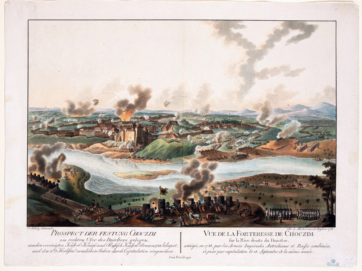 Khotynin piiritys (Chocim, Chotyn, Hotin, Choczim ou Khotine, Ukraina) 1788 - Schuetz, Carl (1745-1800) - 1788 - Kuparikaiverrus, akvarelli - 36,6x48,3 - Yksityiskokoelma tekijältä Karl von (after) Schutz