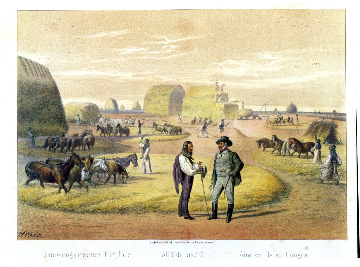 Vehnän puinti Unkarissa, Baron Pronayn kirjasta, Budapest, 1855 tekijältä Karoly Sterio