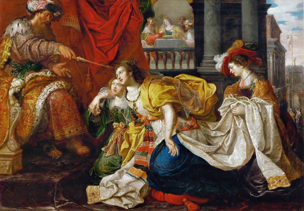 Barokki: Esther ennen Assverusta - Esther ennen Ahasverusta, Van den Hoecke, Gaspar (n. 1585-1648 jälkeen). Öljy kankaalle. Taidehistoriallinen museo, Wien tekijältä Kasper or Gaspar van den Hoecke