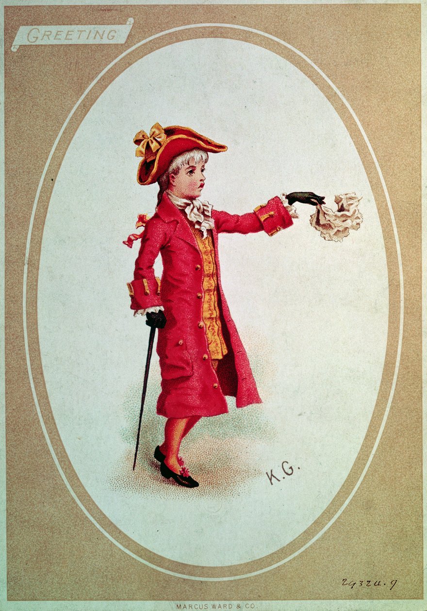 Scarlet-pukeutunut poika (viktoriaaninen kortti) tekijältä Kate Greenaway