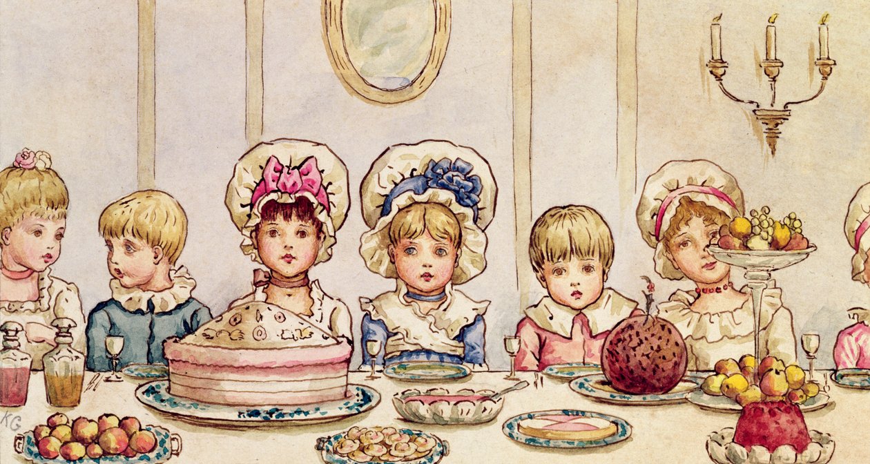 Illallinen, julkaisusta "Christmas in Little Peopleton Manor", Illustrated London News, joulu, 1879 tekijältä Kate Greenaway