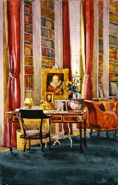 Kirjasto, Althorp, Northamptonshire, n. 1890 (akvarelli paperille) tekijältä Kate Barnard