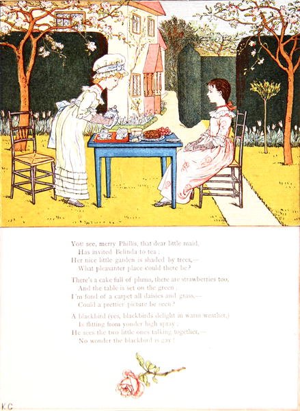 Lasten teekutsut, kuvitus runoon "Ikkunan alla", n. 1900 (värilitho) tekijältä Kate Greenaway