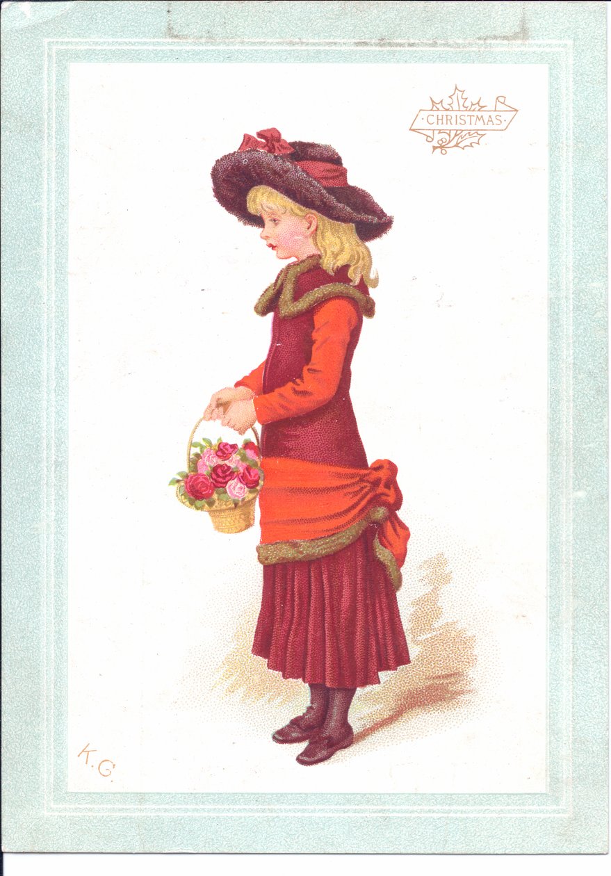 Viktoriaaninen onnittelukortti, jossa on regenttiasuun pukeutunut lapsi, noin 1880. tekijältä Kate Greenaway
